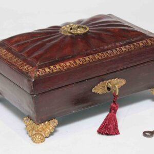 Small Georgian Burgundy Red Leather Sewing Casket with Sunburst Top